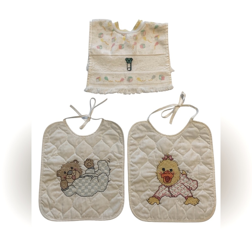 Handmade Suzy's Zoo Cross Stitch Baby Bib Set Bundle 80's 90's